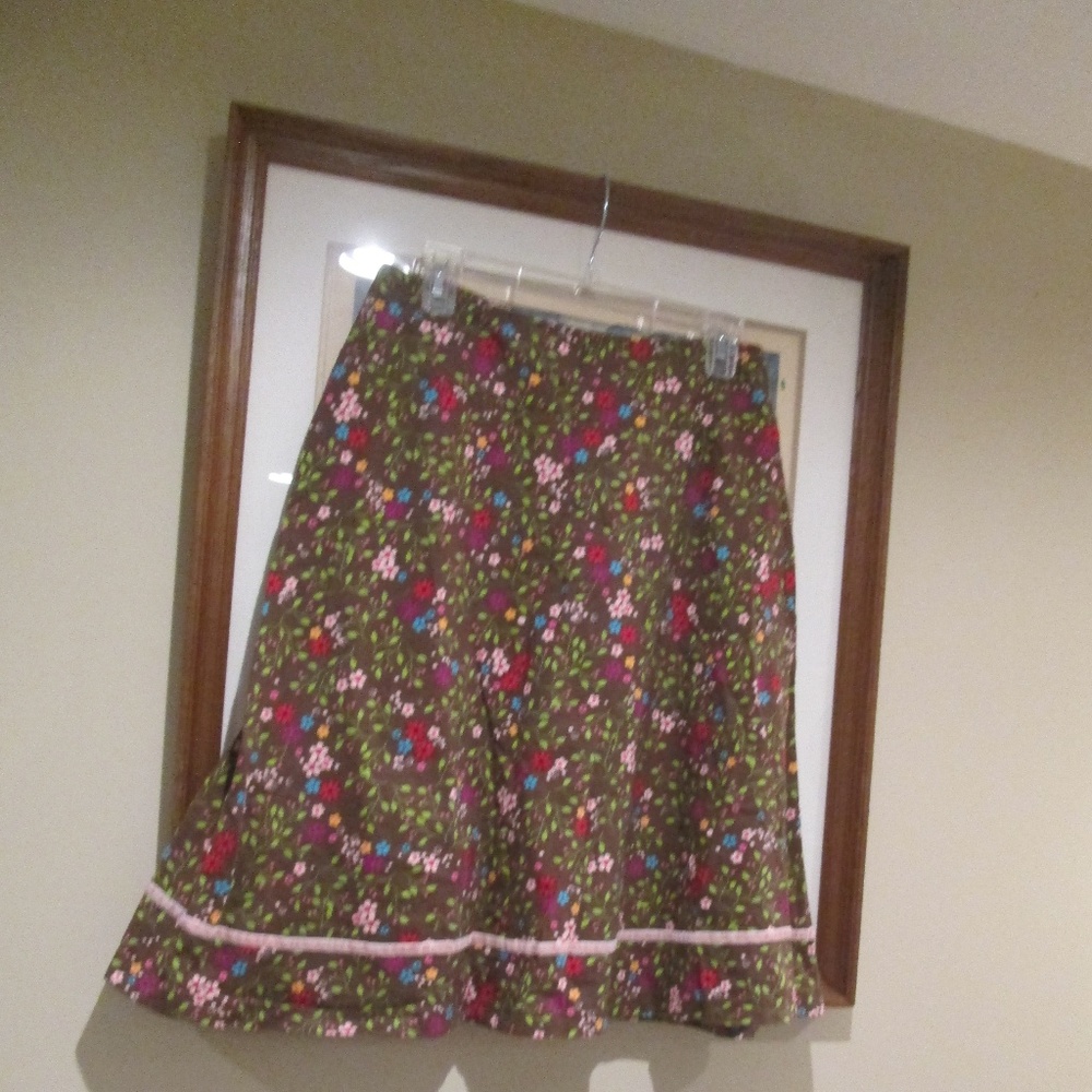 Hanna Andersson A-line Brown Floral Print Pull On 100% Cotton Knit Skirt size S